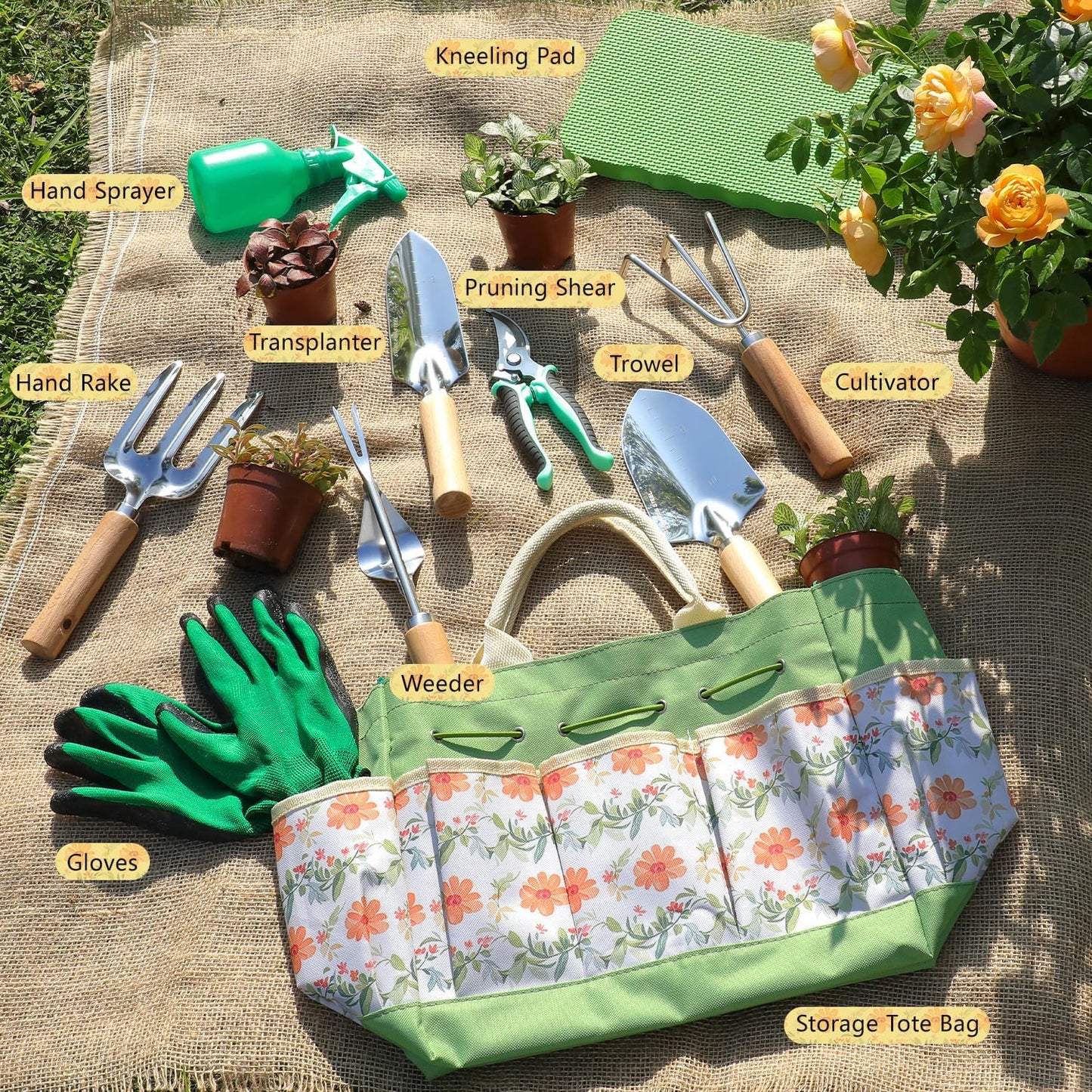 LeMotech Gardening Tools, 10-Piece Heavy Duty Garden Hand Tools Set with Wooden Handle, Durable Fashion Organizer Bag for Garden Supplies, Gardening Gifts for Women Grandmother, Yellow Floral Pattern