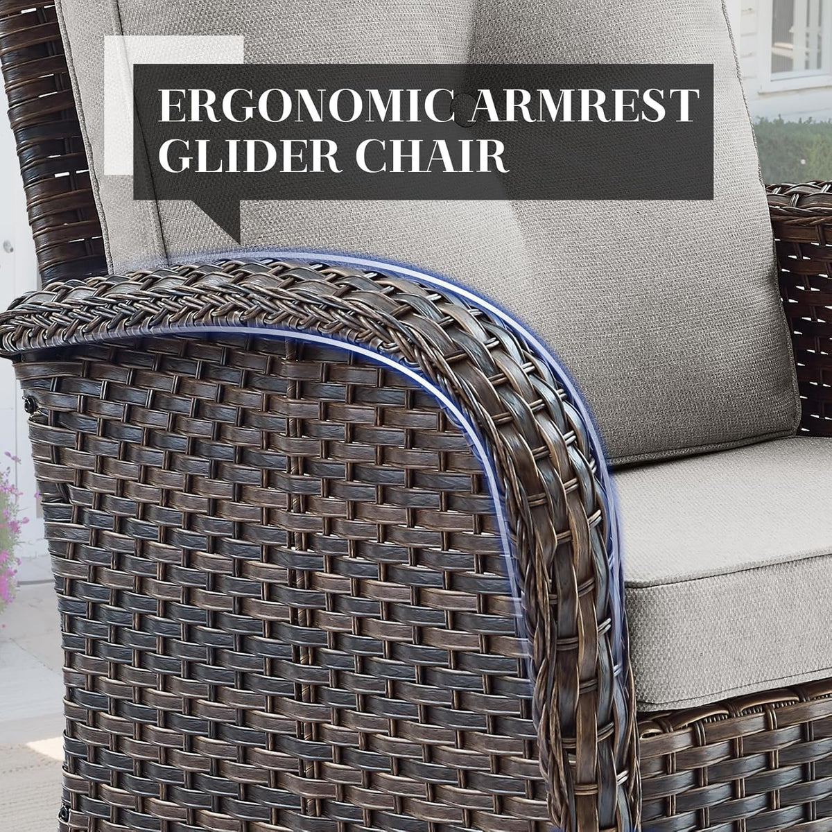 HUMMUH 5 Pieces Wicker Patio Furniture Set,Outdoor Swivel Gliders Rocker,Patio Ottomans,Glass Top Side Table,Outdoor Conversation Set for Porch Deck Backyard Poolside