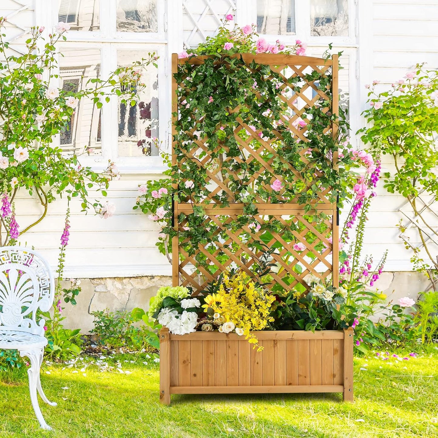 HAPPYGRILL Raised Garden Bed with Trellis, 71" Planter Raised Bed with Drainage Holes, Freestanding Garden Planter for Vine Climbing Plants, Wooden Planter Box for Yard Balcony(2, Yellow)