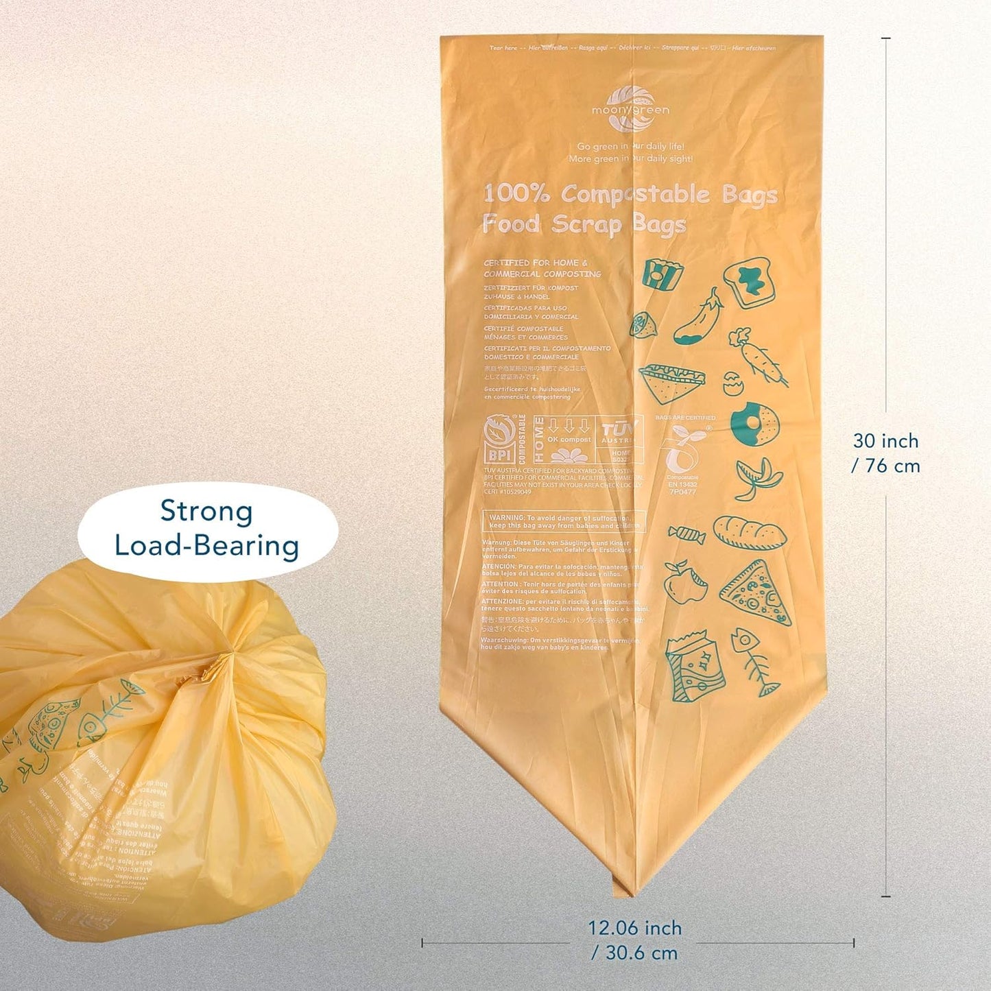Compostable Trash Bags 13 Gallon, Tall Kitchen Food Waste Bags, US BPI ASTM D6400 and Europe OK Compost Home Certified, Heavy-Duty, 49.2 Liter, 100 Count, Extra Thick