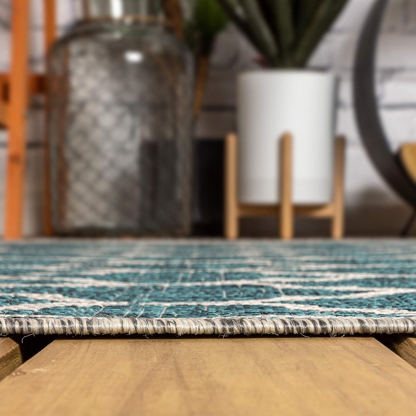 Eyely BMS109E-6SQ Santa Monica Trebol Moroccan Trellis Textured Weave, Pet Friendly, Non-Shedding, Stain Resistant, Easy-Cleaning, Teal/Gray, 6' Square, Indoor/Outdoor, Area Rug