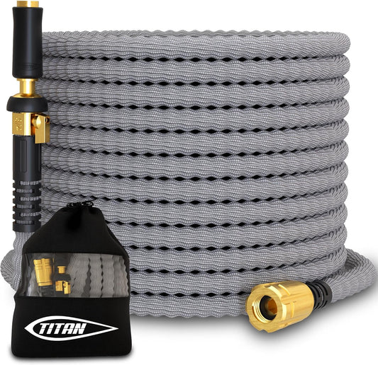TITAN Flexible Garden Hose 100FT – Ultra Lightweight, Heavy Duty Water Hose with Brass Fittings & Jet Nozzle – Kink-Free, Non-Expanding, Durable Fabric Hose for Yard, Lawn, Car Wash, Outdoor Use