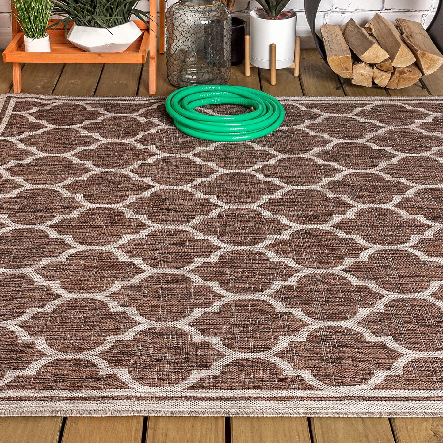 Eyely BMS109B-3 Santa Monica Trebol Moroccan Trellis Textured Weave Indoor/Outdoor Area Rug Coastal;Bohemian, Bedroom, Backyard, Patio, Easy-Cleaning, Non-Shedding, 3 X 5, Espresso/Taupe