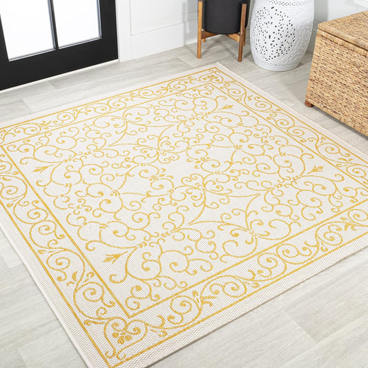 JONATHAN Y SMB106M-5SQ Charleston Vintage Filigree Textured Weave Indoor Outdoor Area Rug, Classic Traditional Transitional Easy Cleaning,Bedroom,Kitchen,Backyard,Patio, Cream/Yellow, 5' Square