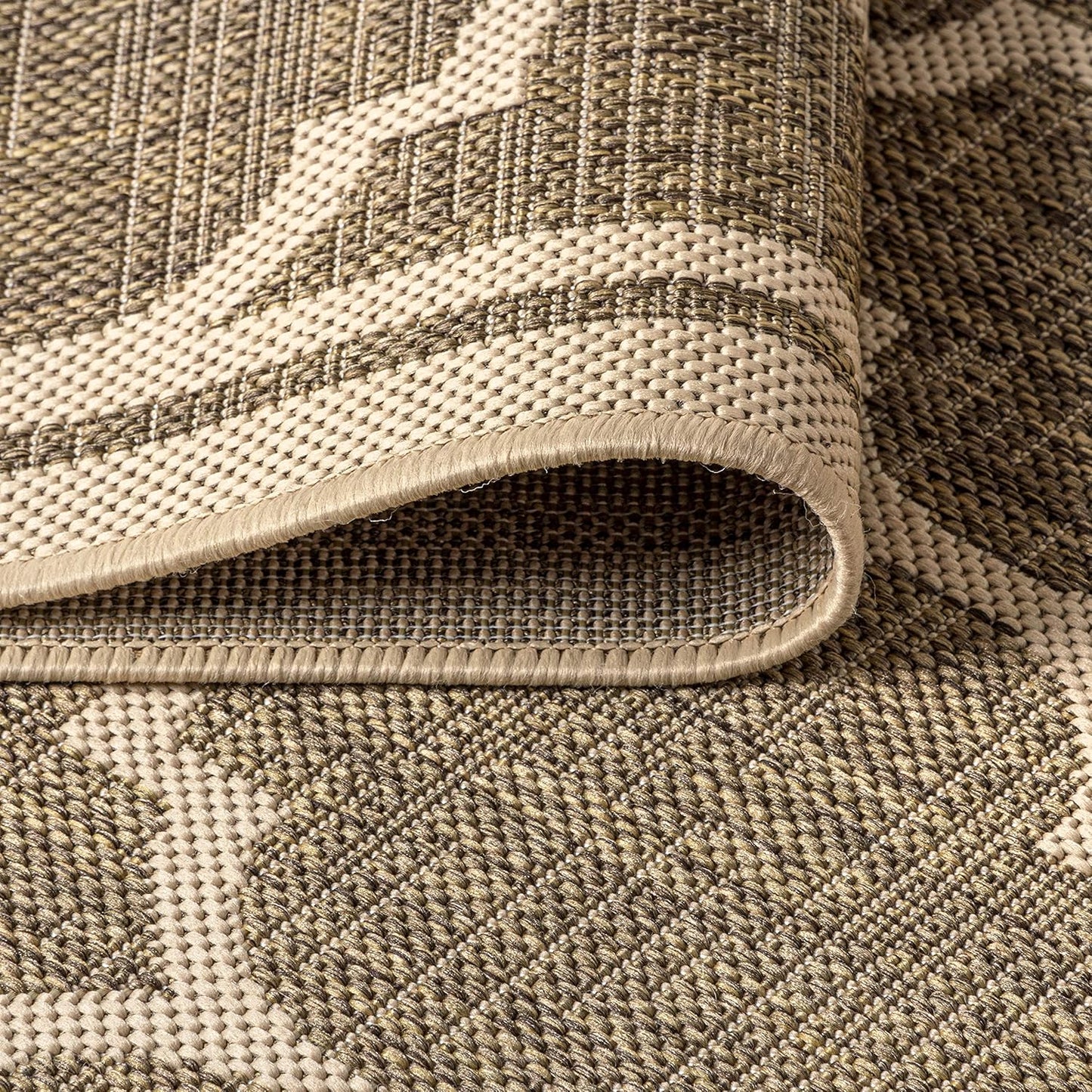 Eyely BMS109A-5R Santa Monica Trebol Moroccan Trellis Textured Weave Indoor/Outdoor Area Rug Coastal;Bohemian, Bedroom, Backyard, Patio, Easy-Cleaning, Non-Shedding, 5' Round, Brown/Beige