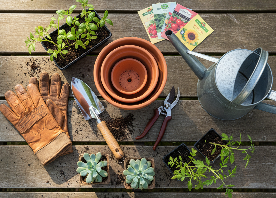 circle photo of garden supplies, make a real photo